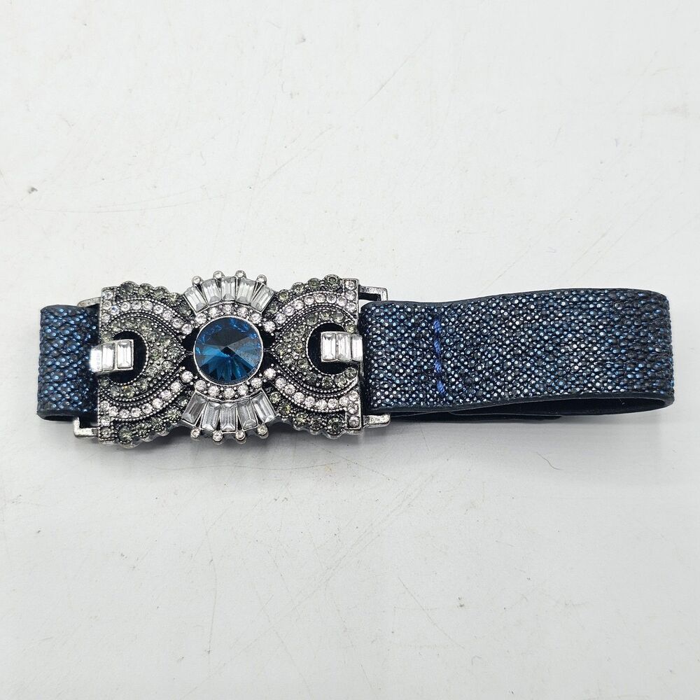 Vintage Yik Fung Leather Rhinestone Bracelet Blue & Silver